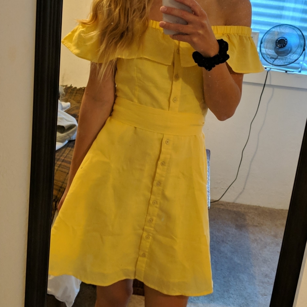 Yellow Linen Off-Shoulder Dress